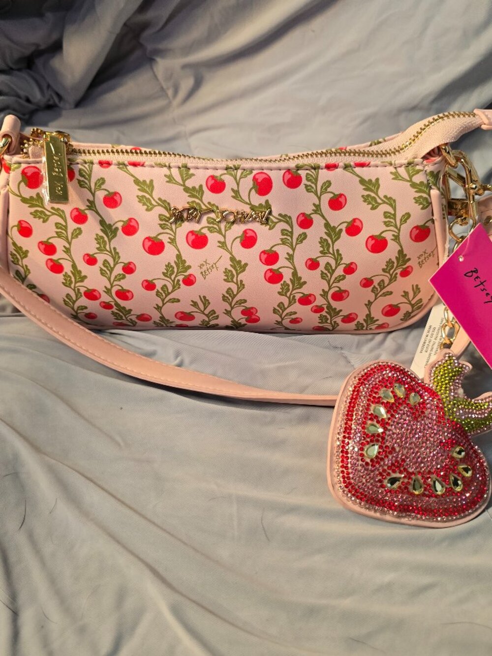NWT Betsey Johnson XOMINNY Tomato Garden Crossbody Baguette Bag = Jeweled Charm